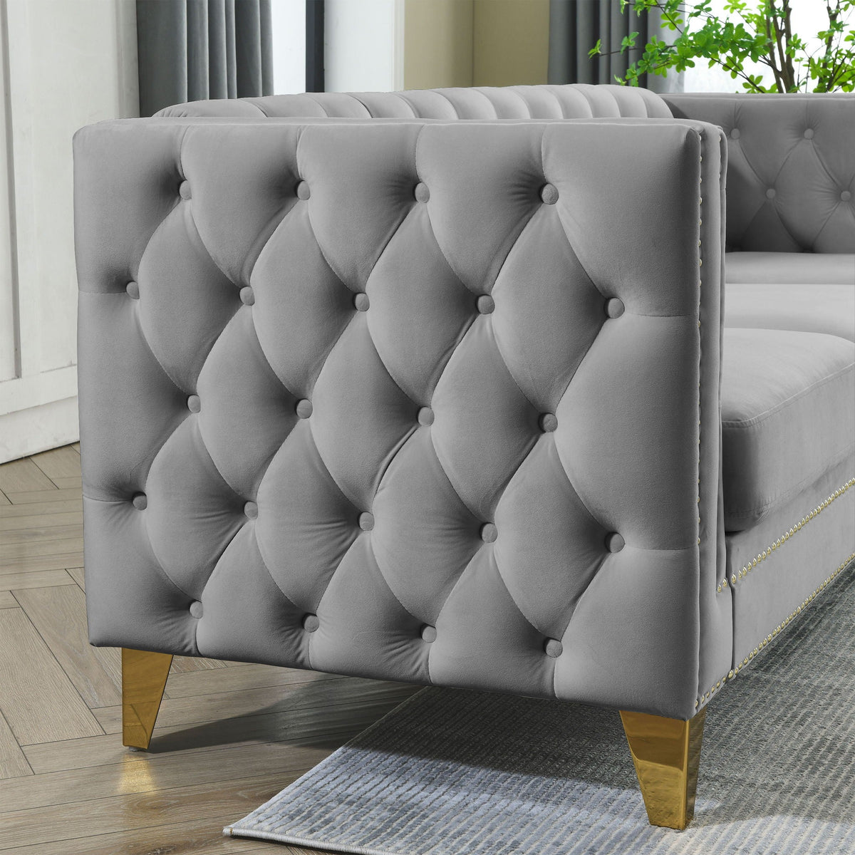 L-Shaped Corner Sofa, 5 Seater Sectional with Tufted Design – Beige or Dark Gray