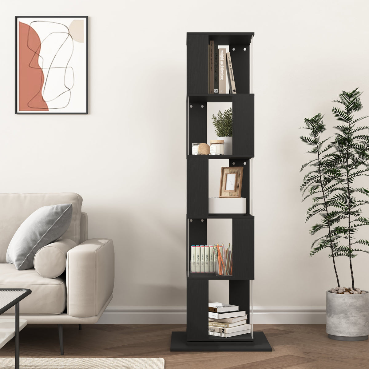 360° Rotating Bookshelf with Acrylic Plate - 5-Tier Display Shelf