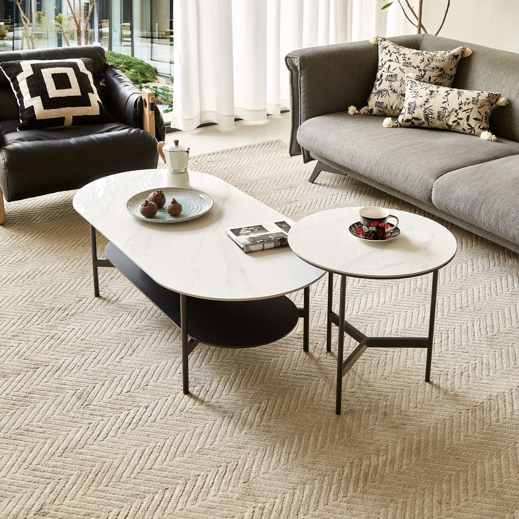 Contemporary Coffee Table with Sintered Stone Surface and Double Layer - White / Gray