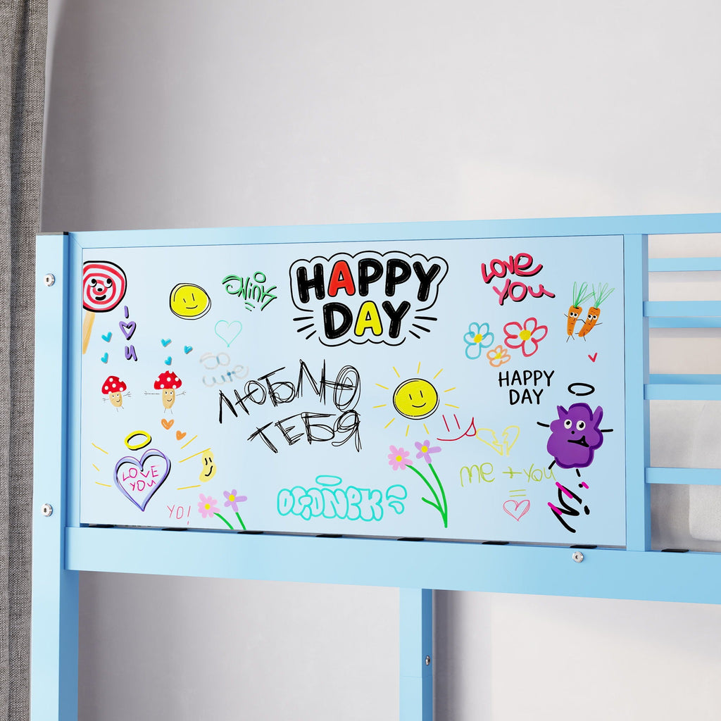 Blue Convertible Twin Bunk Bed with Guardrail and Ladder