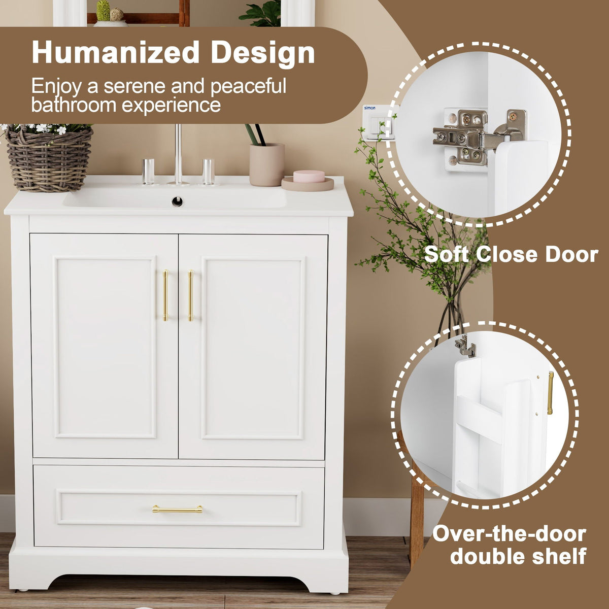 Bathroom Vanity with Sink and Soft Close Doors - White, Black, Green, or Gray