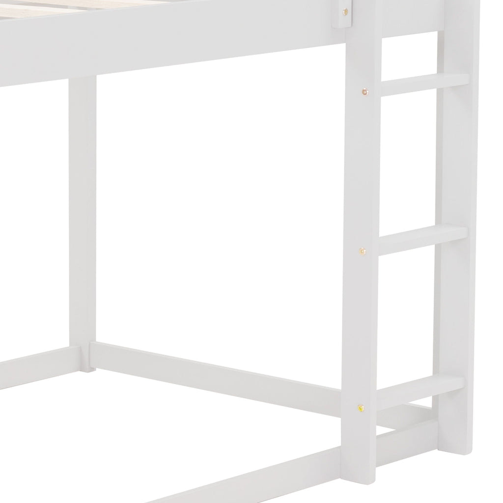 Low Bunk Bed With House Shaped Frame and Ladder - Twin Over Twin