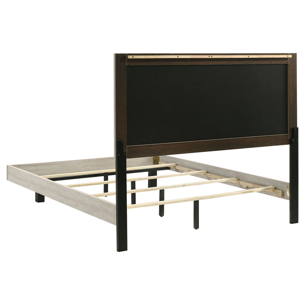 Queen Panel Bed with Upholstered Headboard - Rustic White Washed Finish