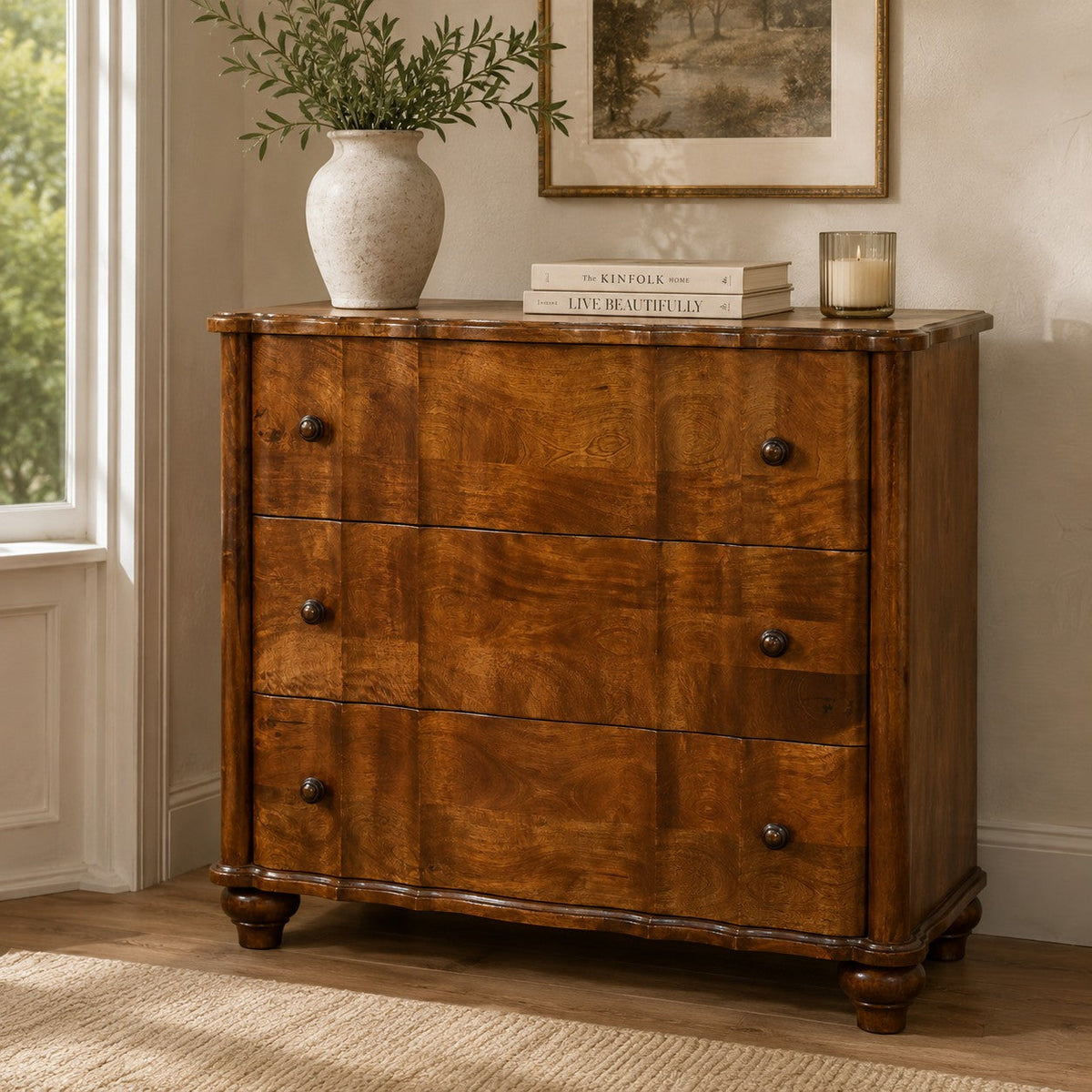 Solid Wood Lume 3 Drawer Chest with Handcrafted Detailing - Chestnut