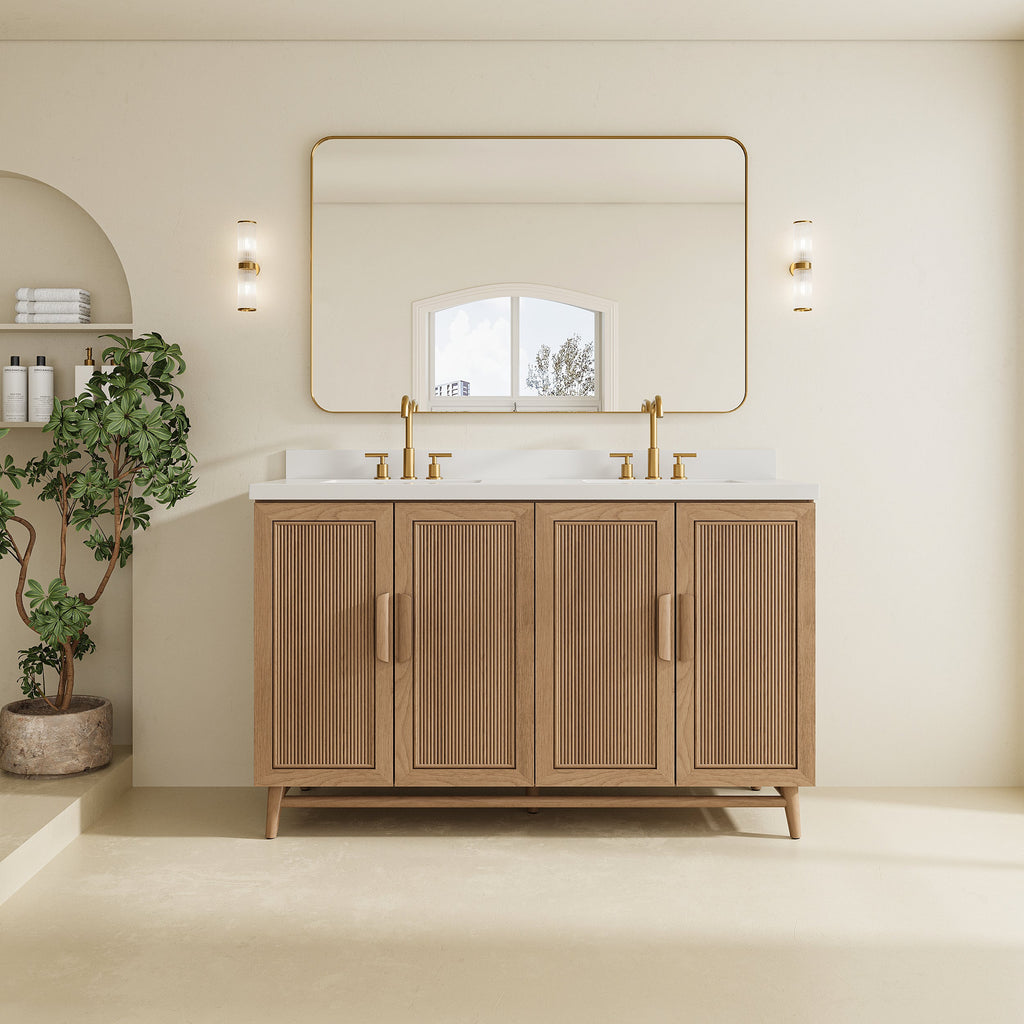 60'' Light Coffee Single Sink Bathroom Vanity with Marble Top - Solid Wood