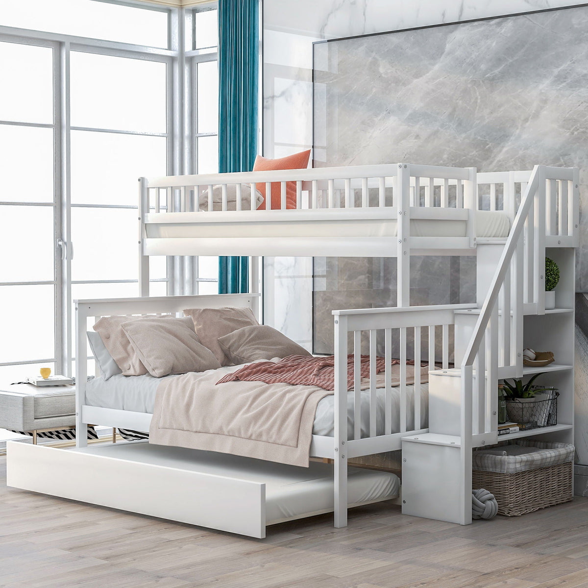 Bunk Bed with Staircase and Storage Options - Dark Gray or White