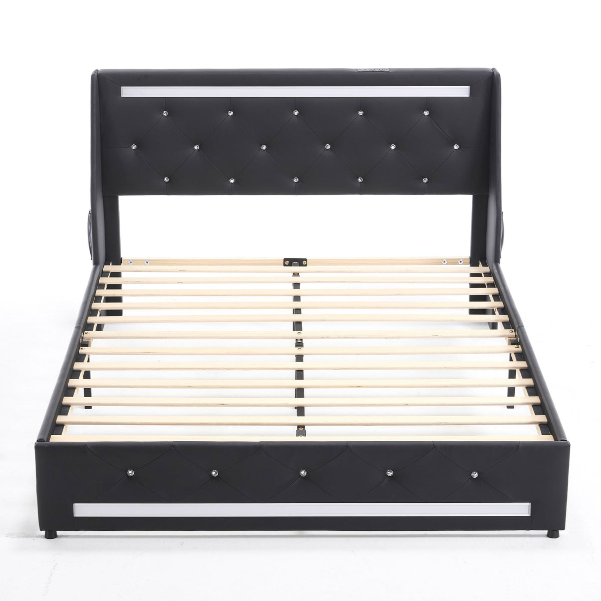 Wingback Upholstered Bed Frame with LED Lights and Charging Station - Black or White