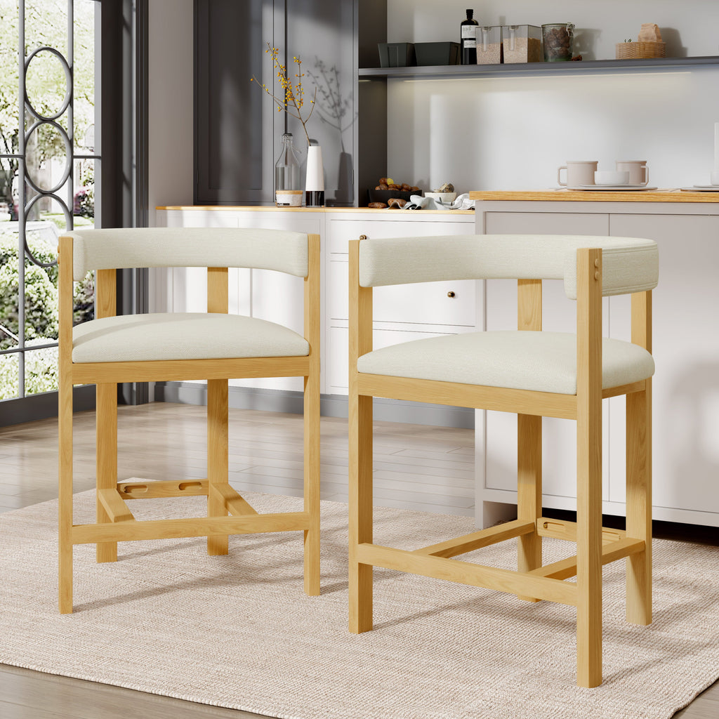 Counter Stool Set of 2 with Curved Solid Wood Backrest - Beige