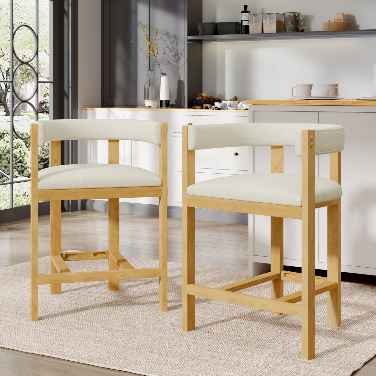 Counter Stool Set of 2 with Curved Solid Wood Backrest - Beige
