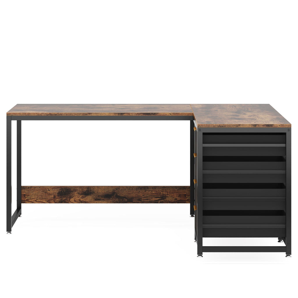 L-Shaped Computer Desk with Drawers and Shelves - Black or Dark Brown