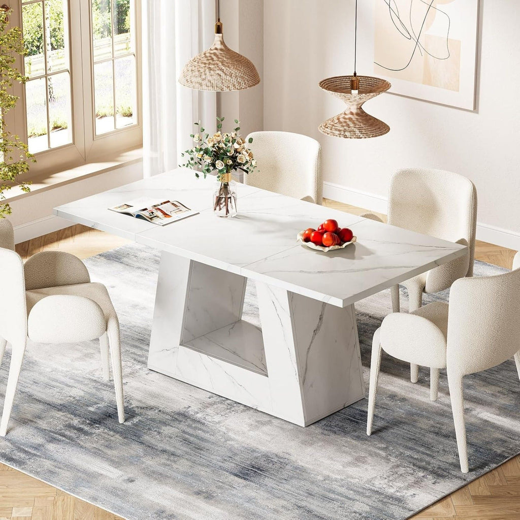 White Dining Table for 4–6 with Trapezoid Base - Faux Marble Finish
