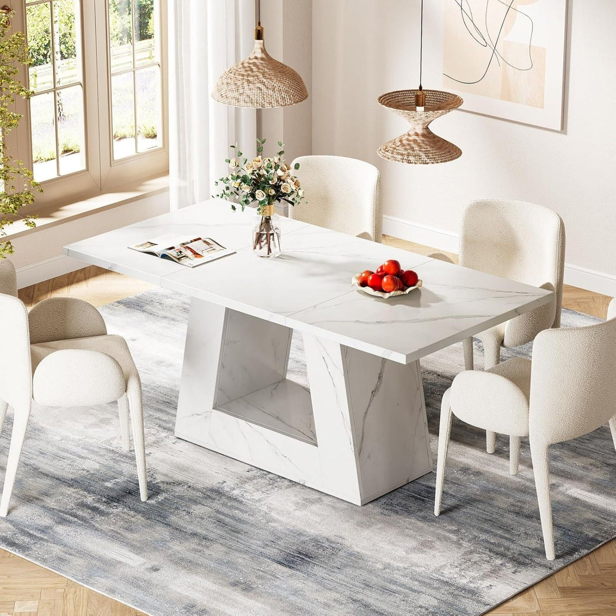 White Dining Table for 4–6 with Trapezoid Base - Faux Marble Finish