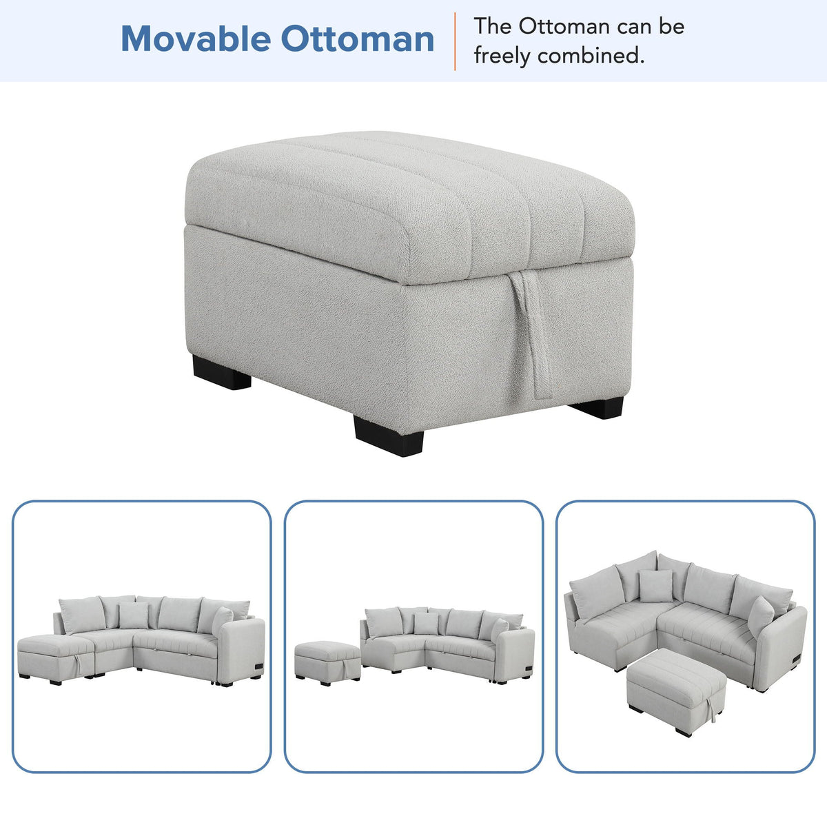 L-Shaped Sleeper Sectional with Pull-Out Bed and Storage Ottoman - Gray or Beige
