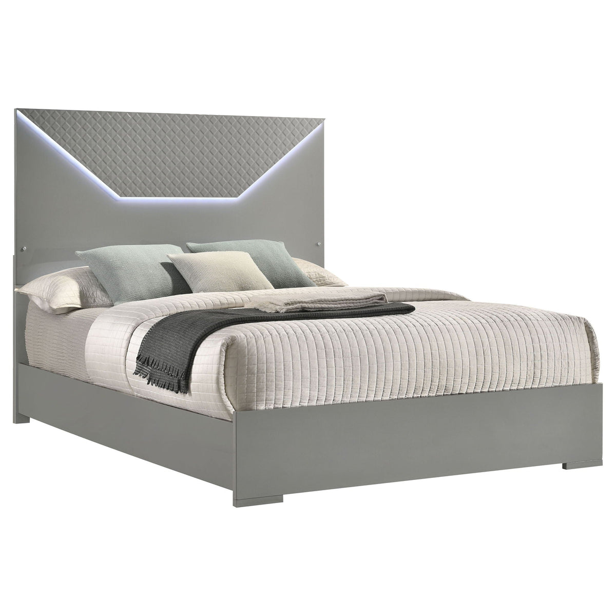 Pierce Panel Bed with LED Headboard - High Gloss Finish - White or Dark Gray