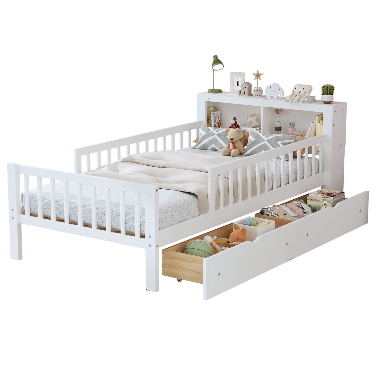 Twin Storage Bed with Headboard Rack & Under-Bed Drawers - Multiple Colors