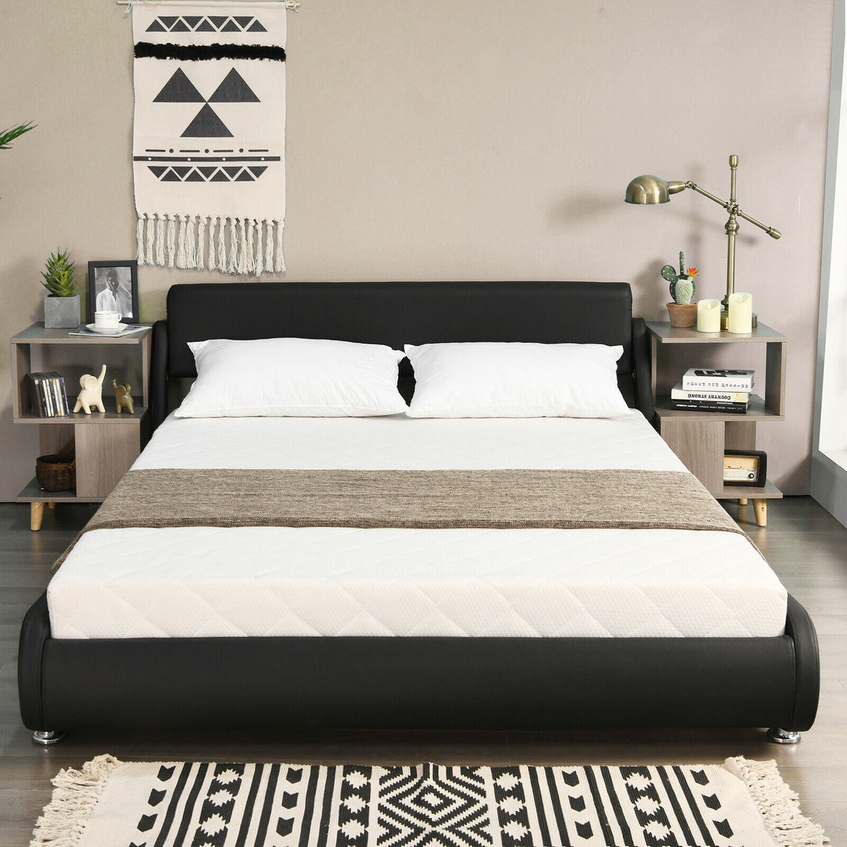Full Size Faux Leather Upholstered Platform Bed Adjustable Headboard-Black
