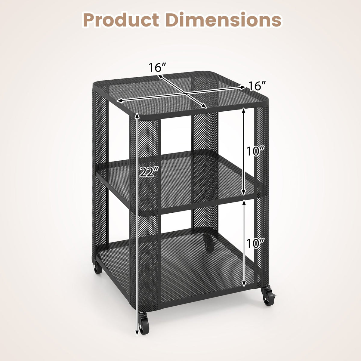 3-Tier End Table with Wheels Rolling Side Table with Open Storage Shelves