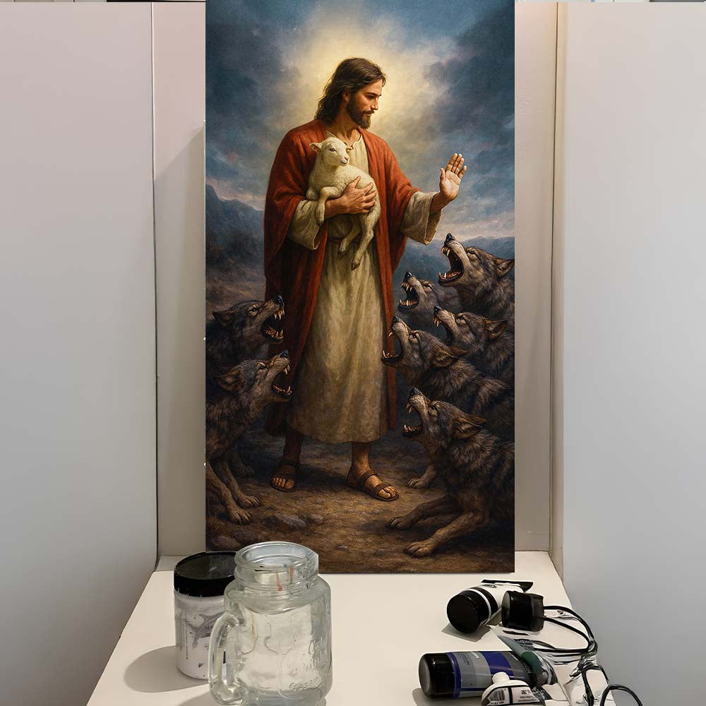 Jesus Protects The Lamb From Wolves Faith Wall Art V