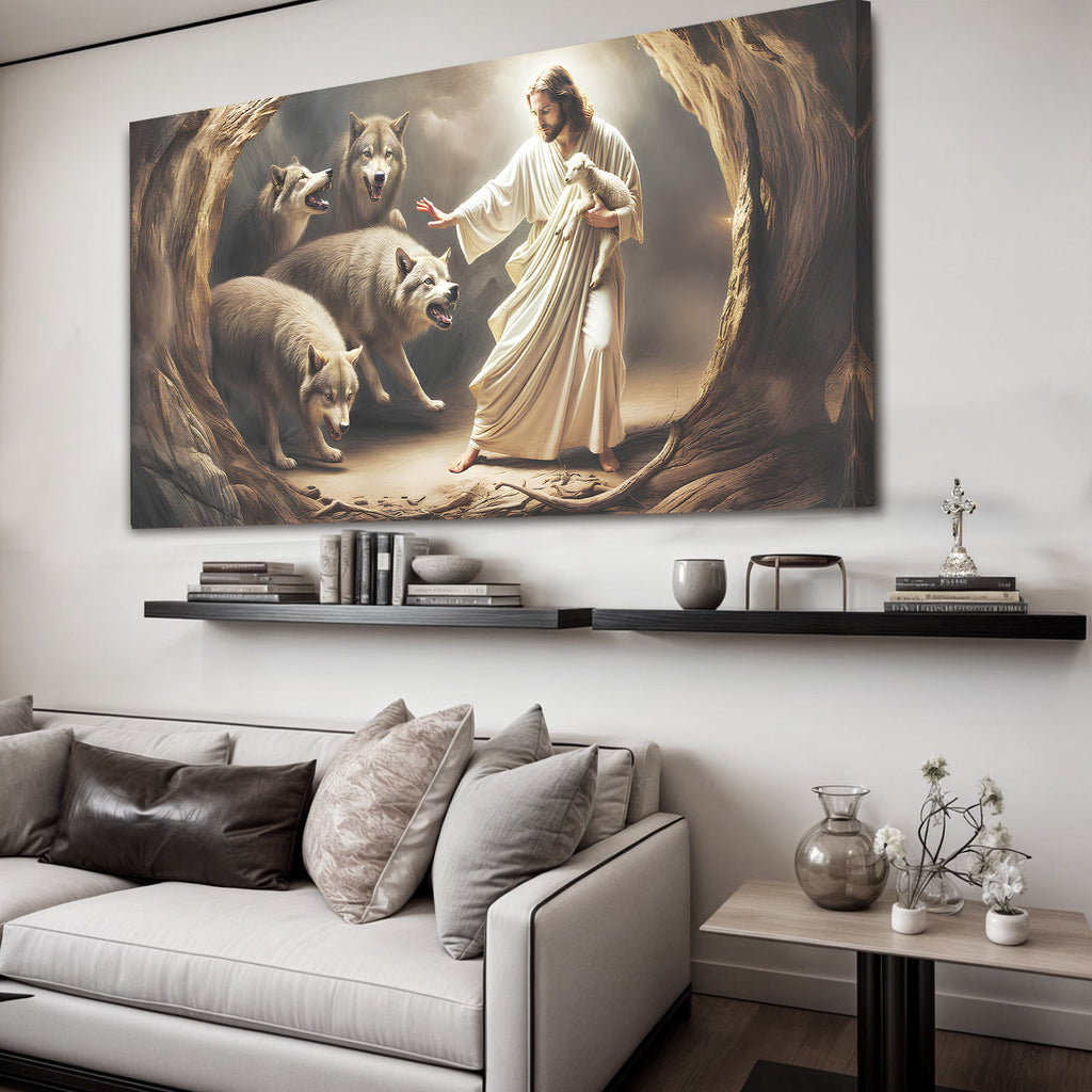 Jesus Protects The Lamb From Wolves Faith Wall Art III