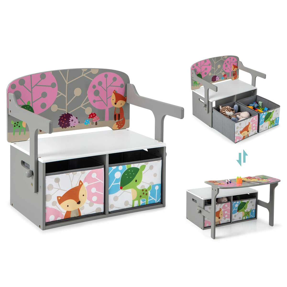 3 in 1 Kids Convertible Activity Bench with 2 Removable Fabric Bins