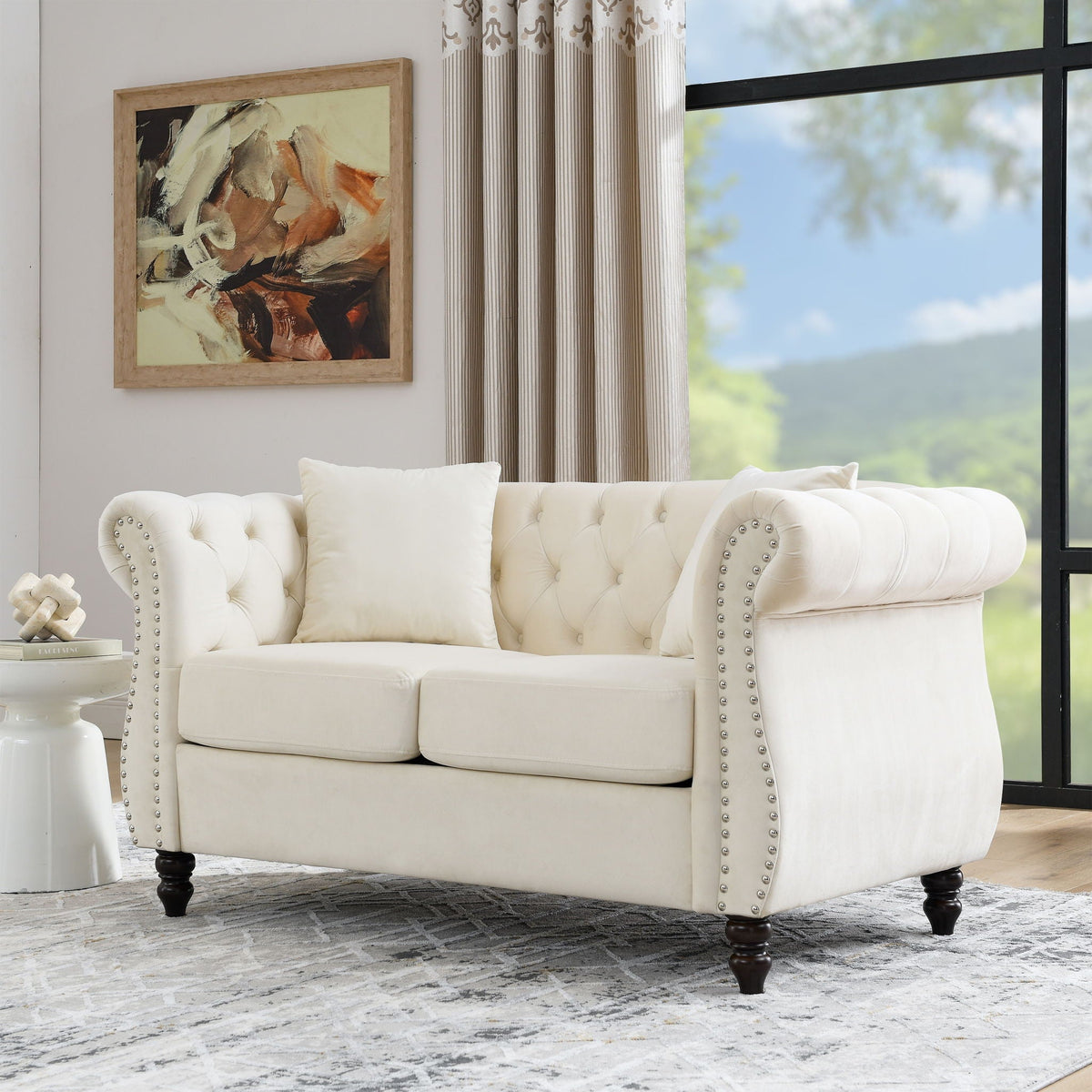 Chesterfield Sofa with Rolled Arms and Nailhead Trim – Solid Wood Frame