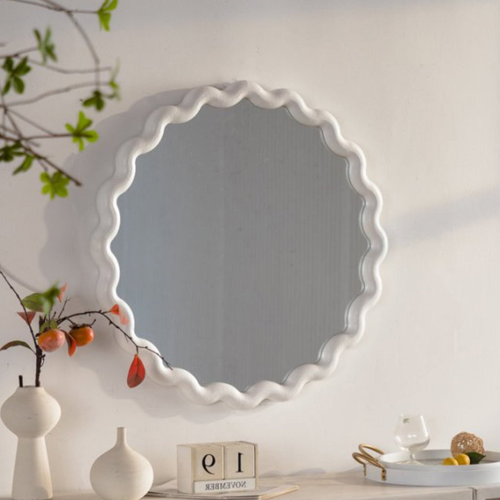 White Scalloped Round Wall Mirror with Decorative Wavy Frame - White