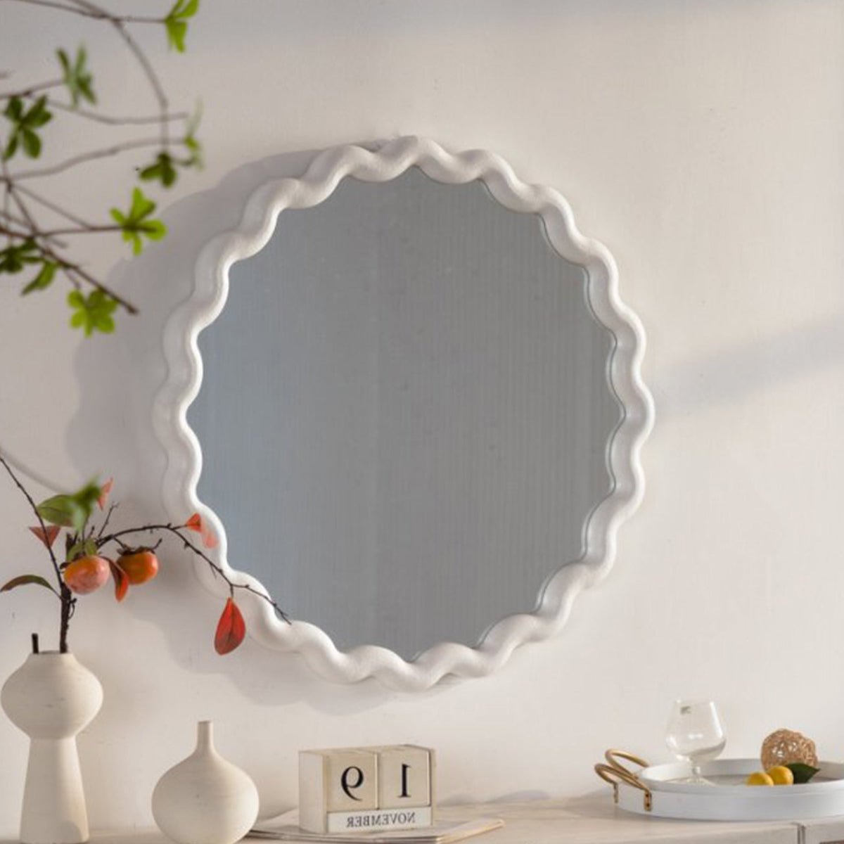 White Scalloped Round Wall Mirror with Decorative Wavy Frame - White
