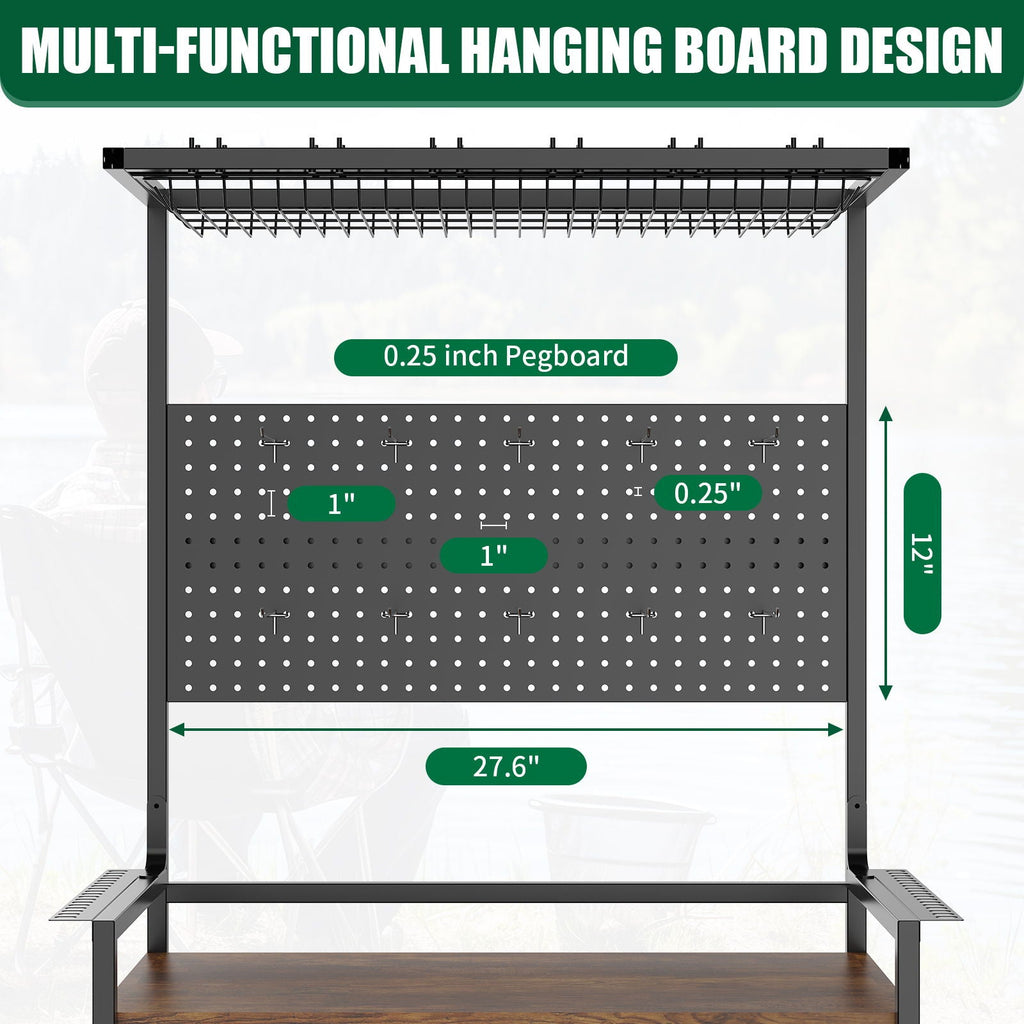 Fishing Rod Storage Rack with Pegboard - Rolling Tackle Organizer Cart - Black