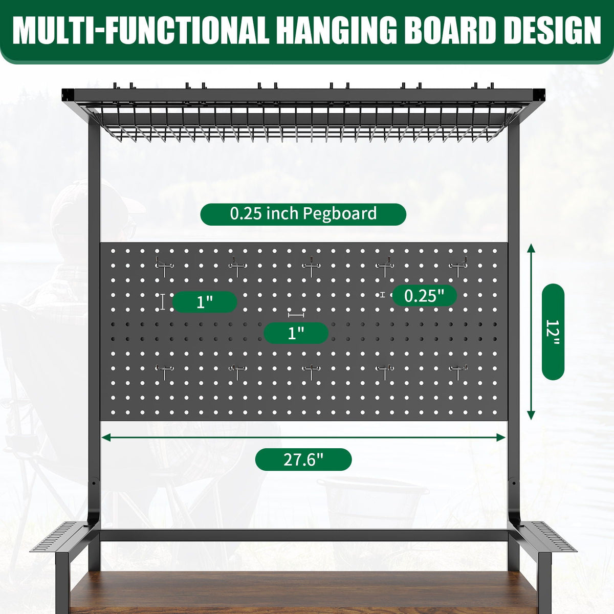 Fishing Rod Storage Rack with Pegboard - Rolling Tackle Organizer Cart - Black