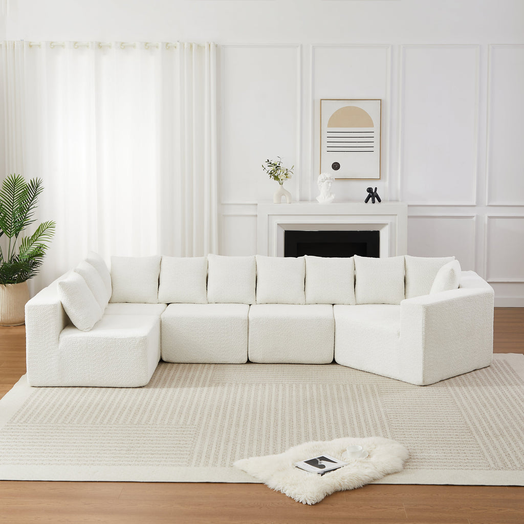 Extra-Large L-Shaped Chenille Sectional Sofa with 11 Pillows - Neutral Fabric
