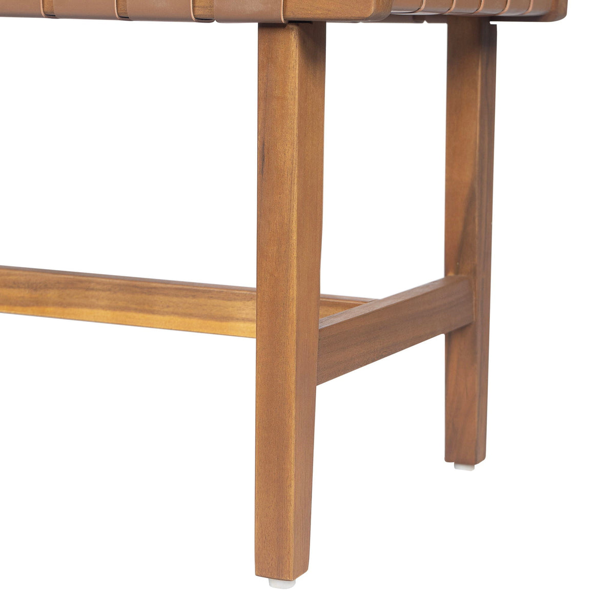 Acacia Wood Bedroom Bench with Woven PU Leather Seat - Warm Teak