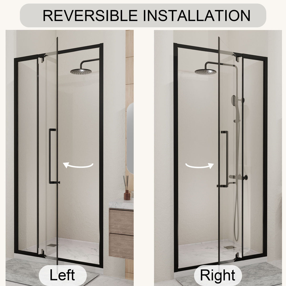 Semi Frameless Pivot Hinged Shower Door with Reversible Design - Black