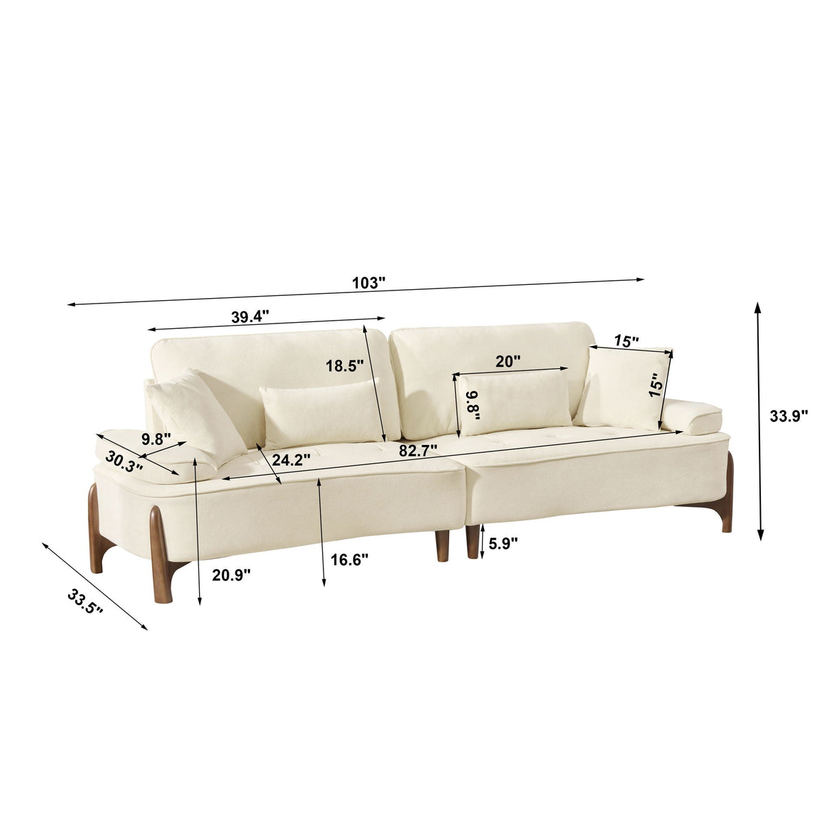 Deep Seated Fabric Stationary Sofa with Plush Pillows - Beige, Green, or Red