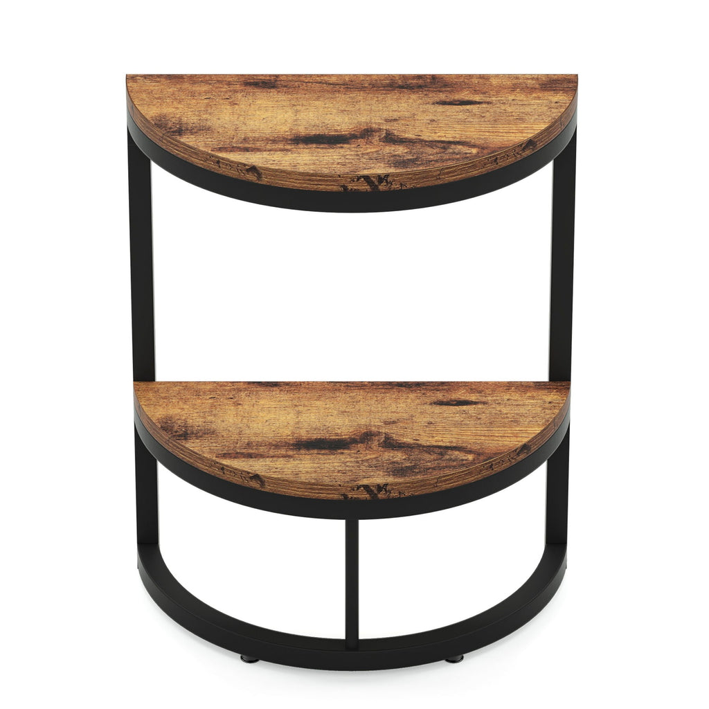 Slim Half Moon 2 Tier Semi Circle End Table with Wide Storage - Rustic Brown