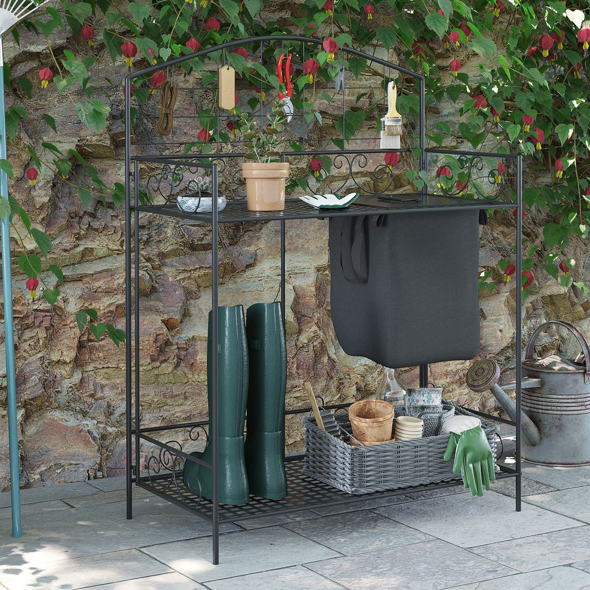 Folding Potting Bench Table with Storage - Metal