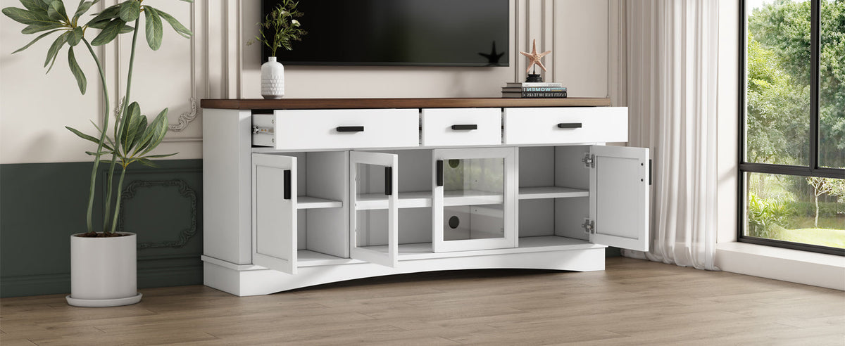Modern TV Stand with Glass Doors and Adjustable Shelves - White