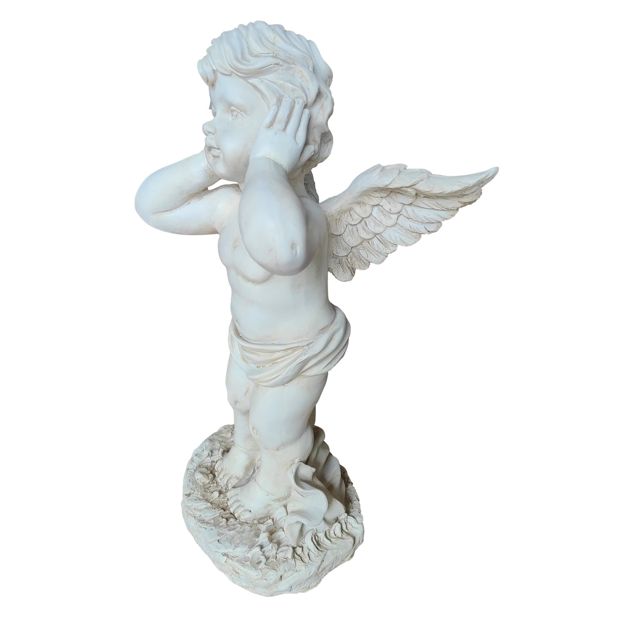 Winged Angel Resin Sculpture with Covering Ears - White