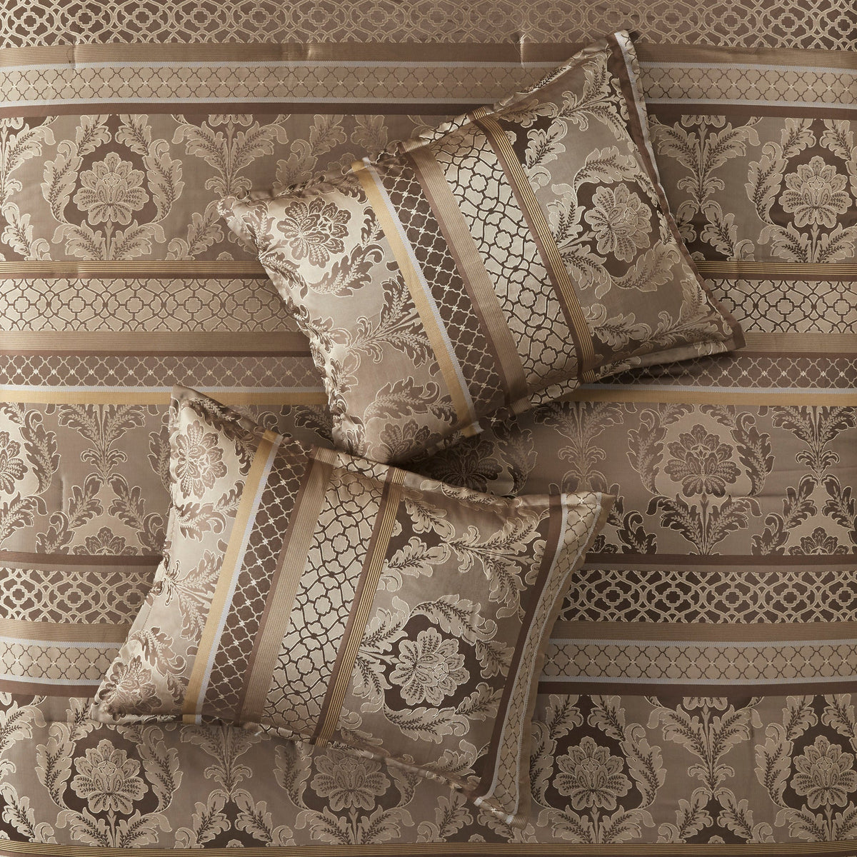 Jacquard Comforter Set with Decorative Pillows - Brown/Gold, Queen, 7 Piece