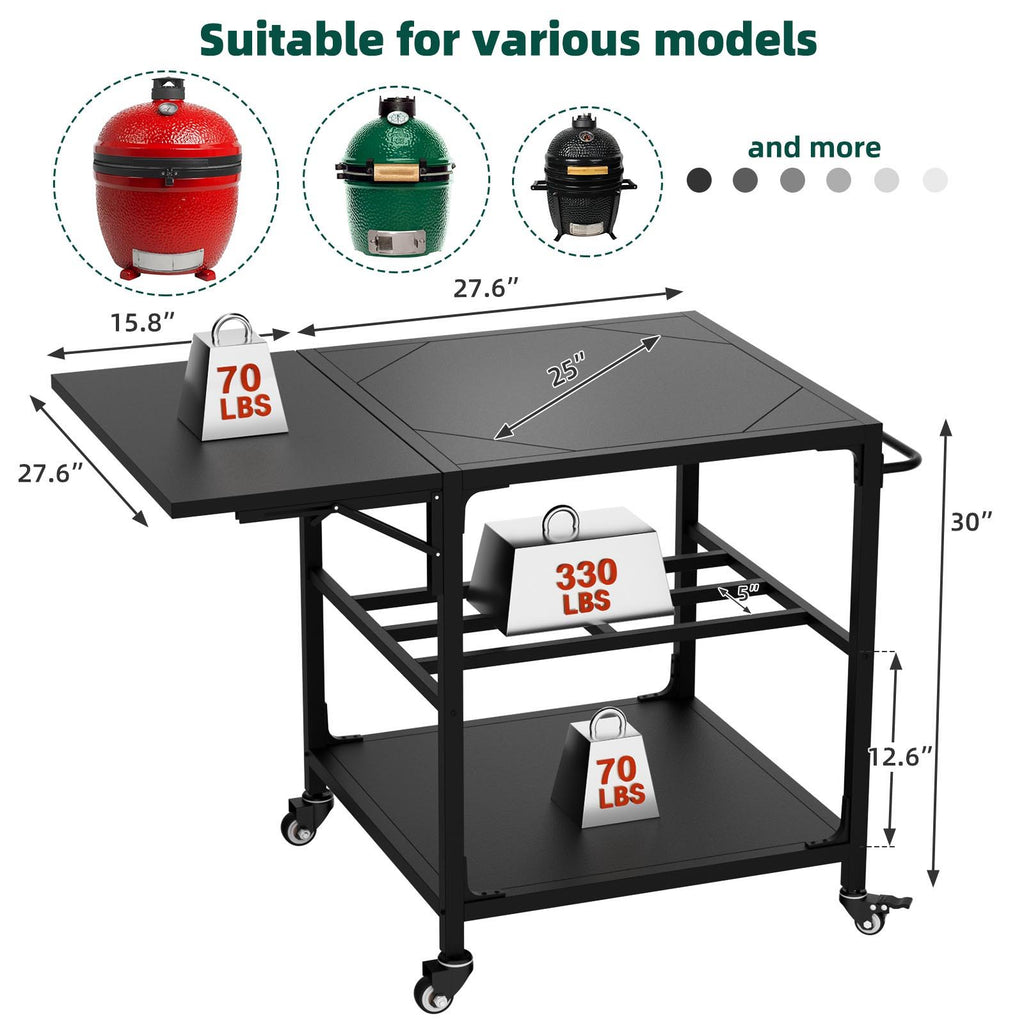 Outdoor Grill Table with Wheels and Storage Shelf - Black