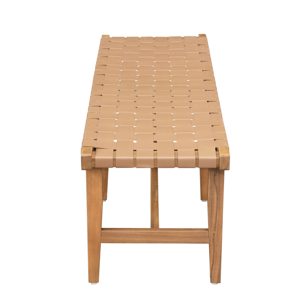 Acacia Wood Bedroom Bench with Woven PU Leather Seat - Warm Teak