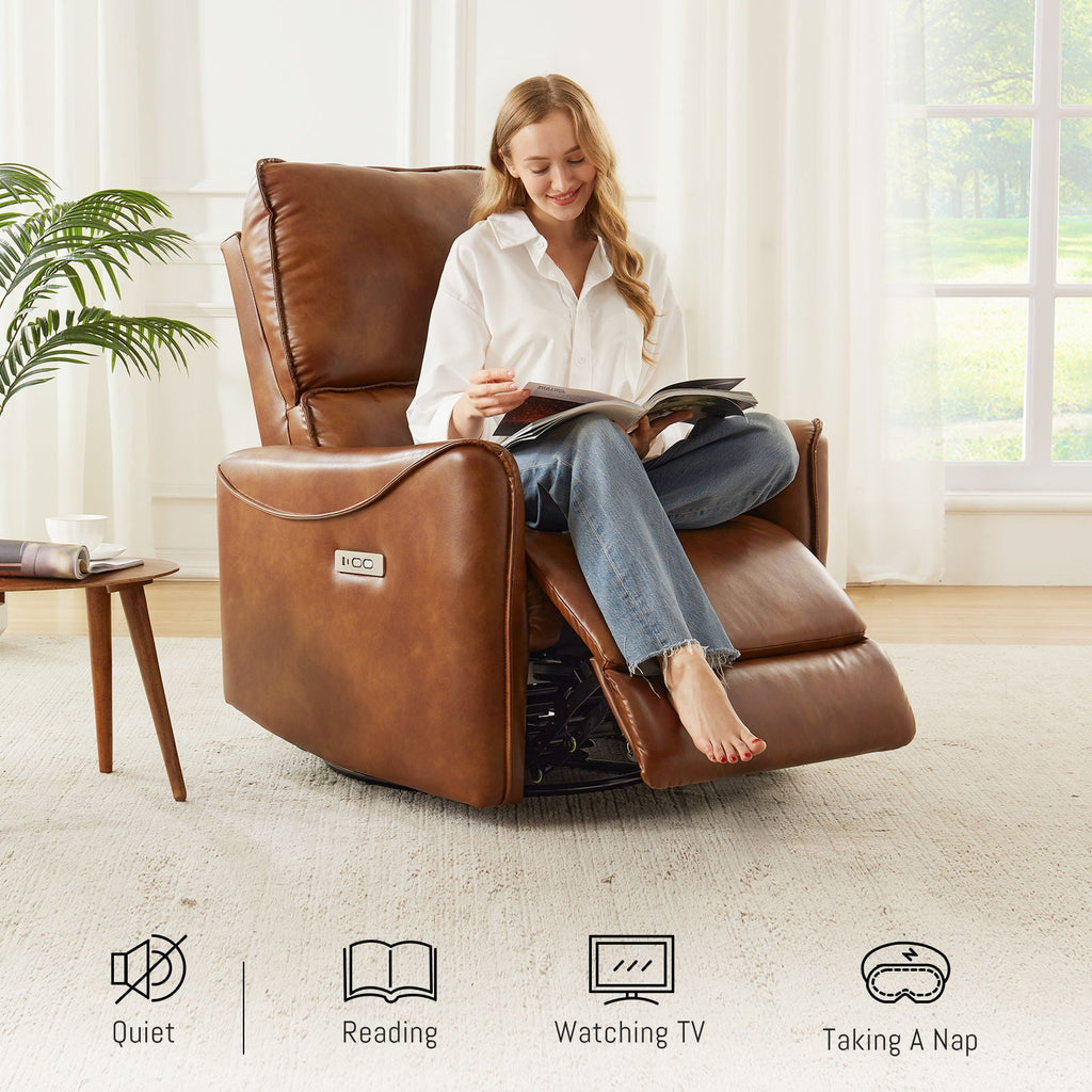 Electric Recliner Chair with Rocker and Swivel Function - Brown