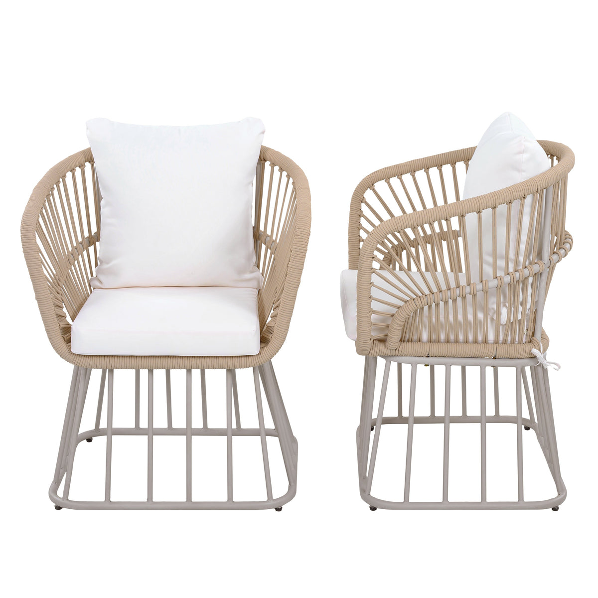 Teak Finish Wicker Outdoor Dining Chair with Steel Frame - Beige