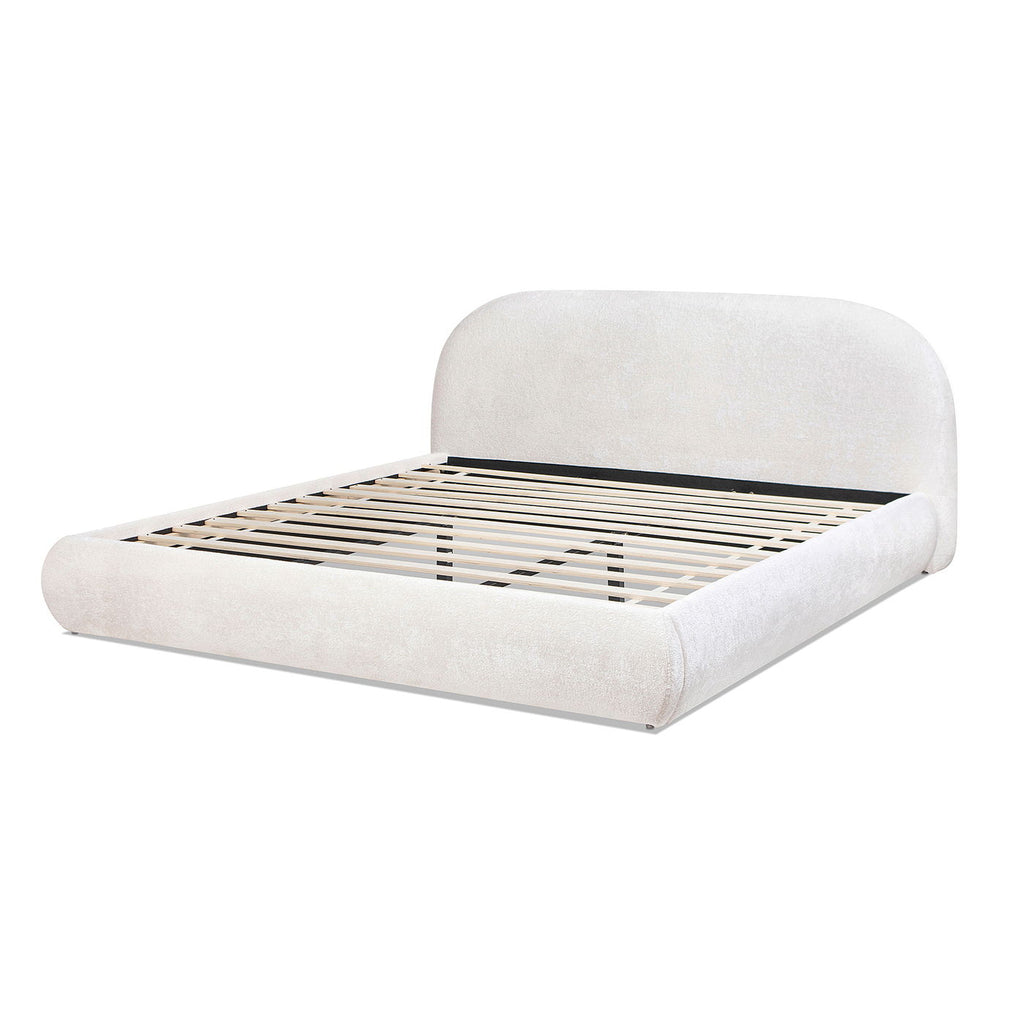 Archie Puffy Grounded Upholstered Platform Bed with Rounded Headboard - Green, White, Beige