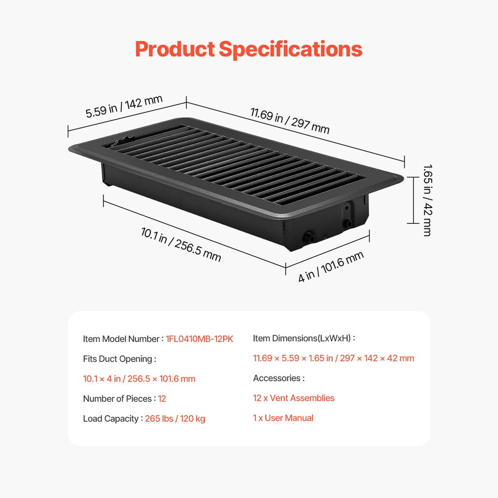 Iron Floor Registers 4 x 10 Inch 12-Pack with Adjustable Airflow - Iron