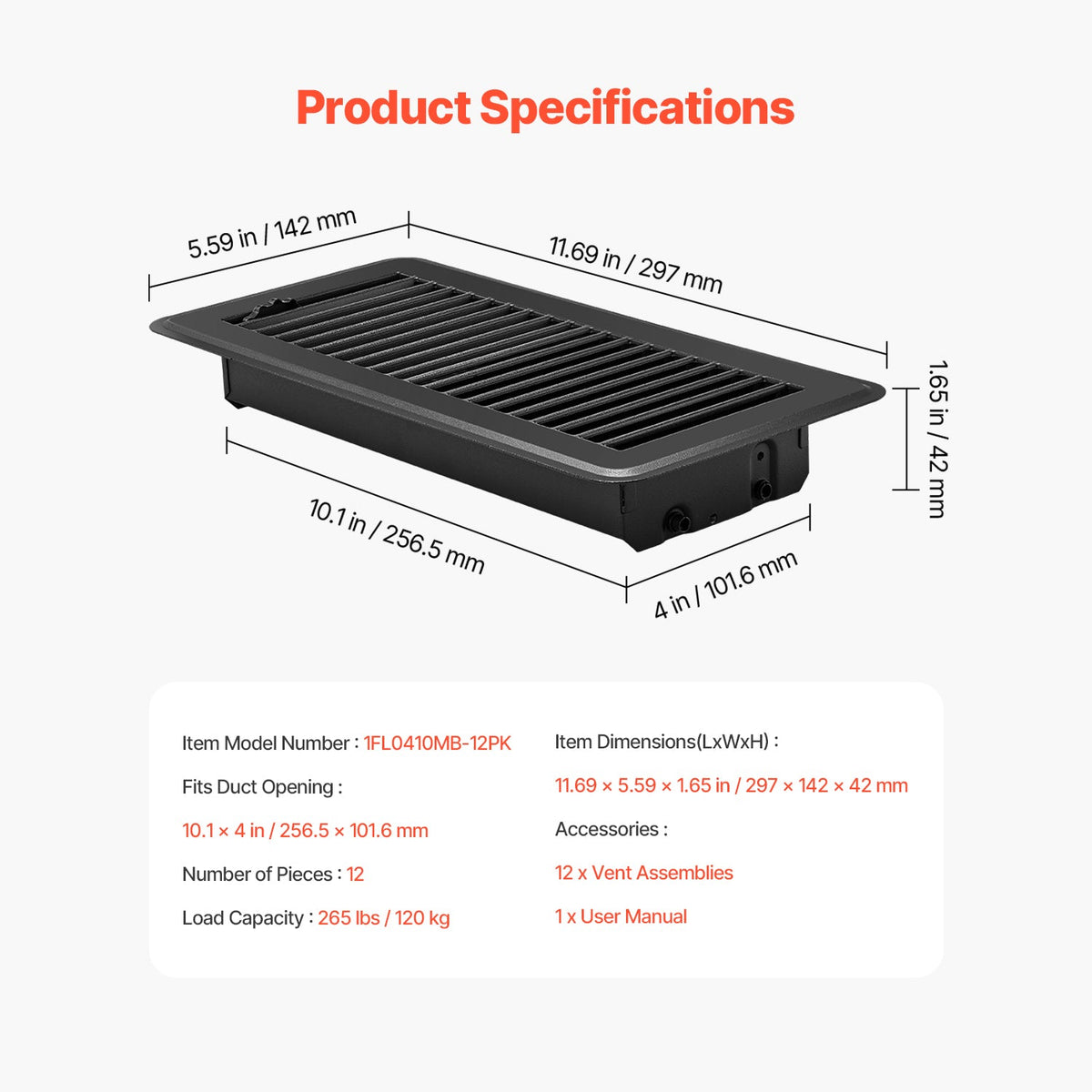Iron Floor Registers 4 x 10 Inch 12-Pack with Adjustable Airflow - Iron