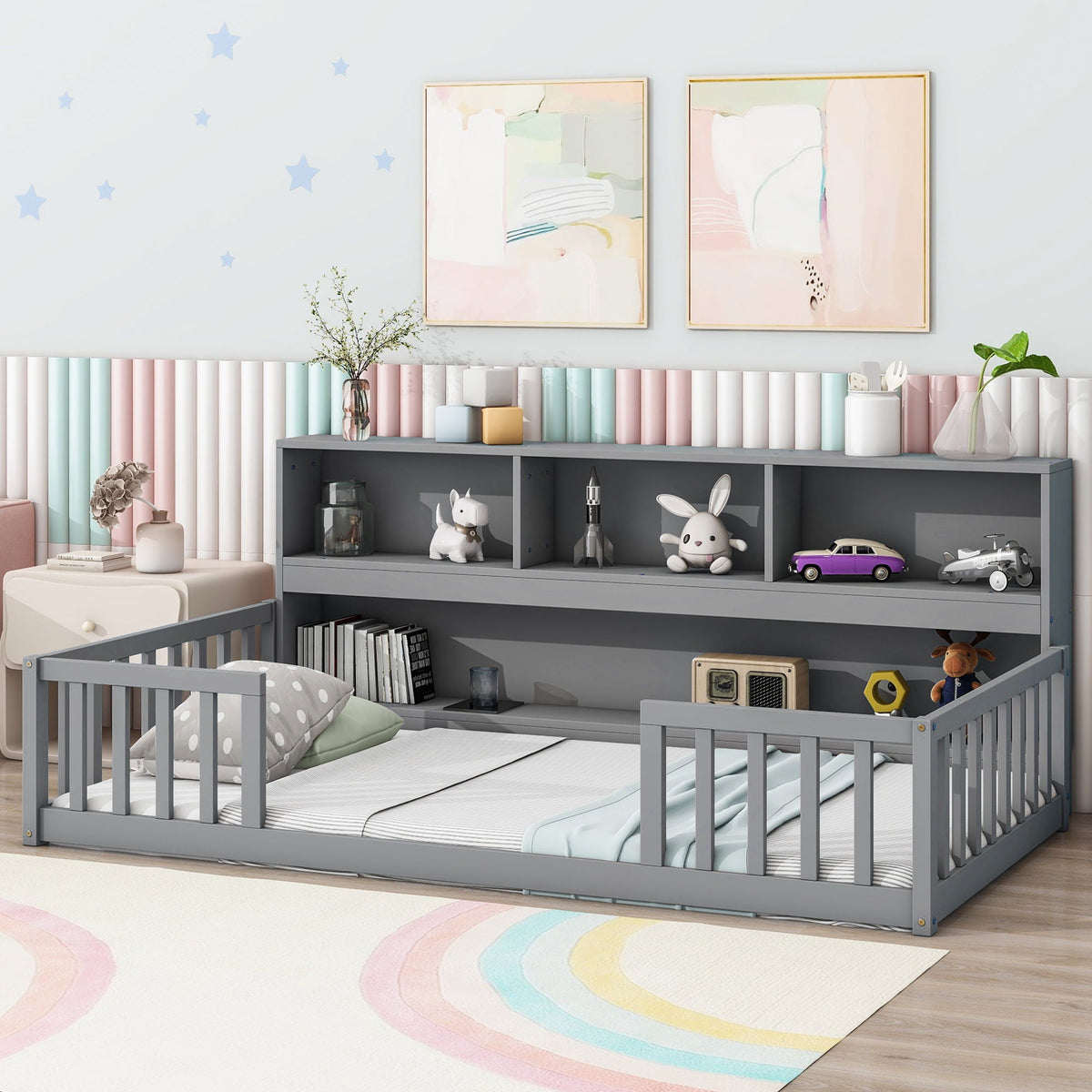 Twin Storage Bed with Bedside Bookcase and Guardrails - Gray or White