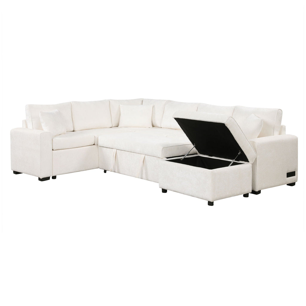 Sleeper Sectional Sofa with Storage Ottoman and USB Charging - White or Dark Gray