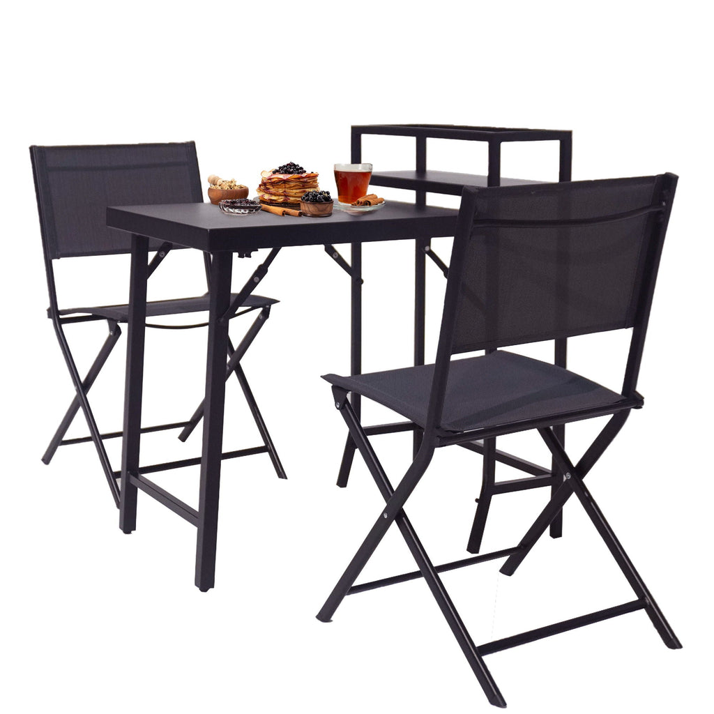 3 Piece Patio Bistro Set with Foldable Table and Chairs - Black