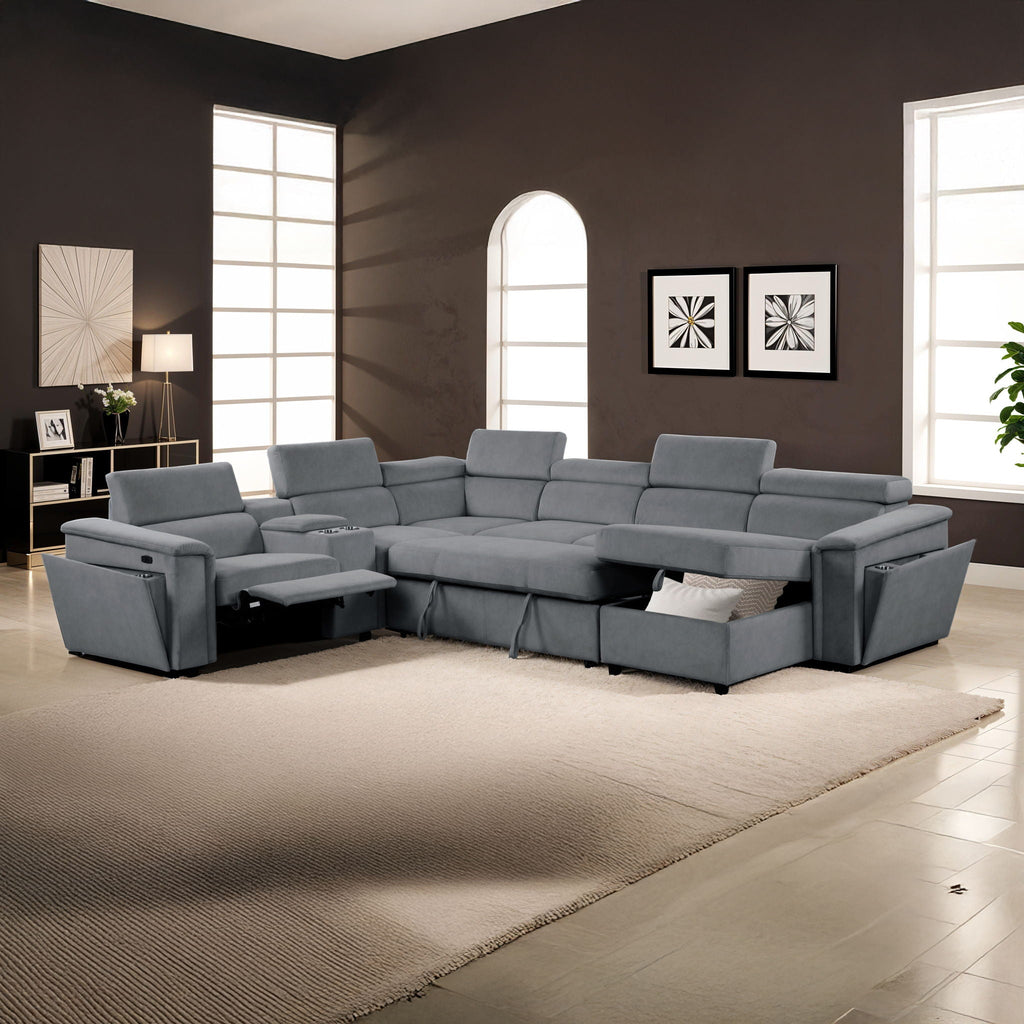 Power Recliner Sleeper Sectional with Adjustable Headrest and Storage - Dark Gray or Beige