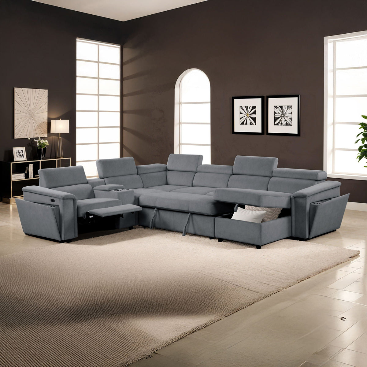 Power Recliner Sleeper Sectional with Adjustable Headrest and Storage - Dark Gray or Beige
